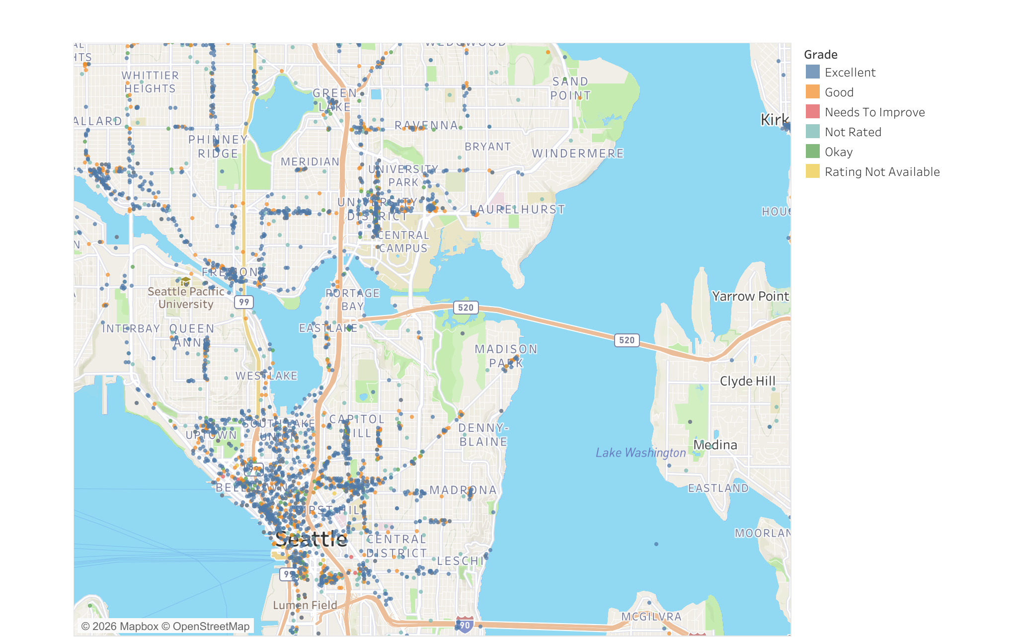 Geospatial map of the 12,261 King County restaurants analyzed